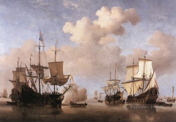  Willem Pintura - Los tranquilos barcos holandeses llegan a fondear marine Willem van de Velde el Joven